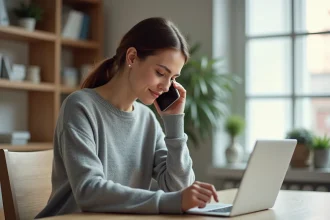 Femme utilisant simultanément son téléphone et l'application mobile La Banque Postale sur une tablette depuis son bureau à domicile