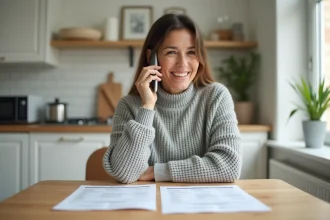Femme au téléphone consultant ses documents de remboursement santé ECA Assurance à la maison