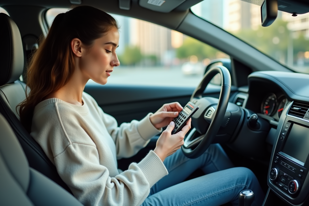 Jeune femme utilisant un smartphone dans sa voiture en parking