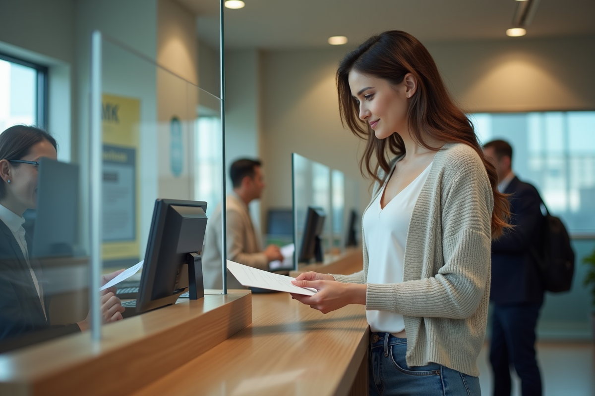 Femme remettant un document à un conseiller bancaire