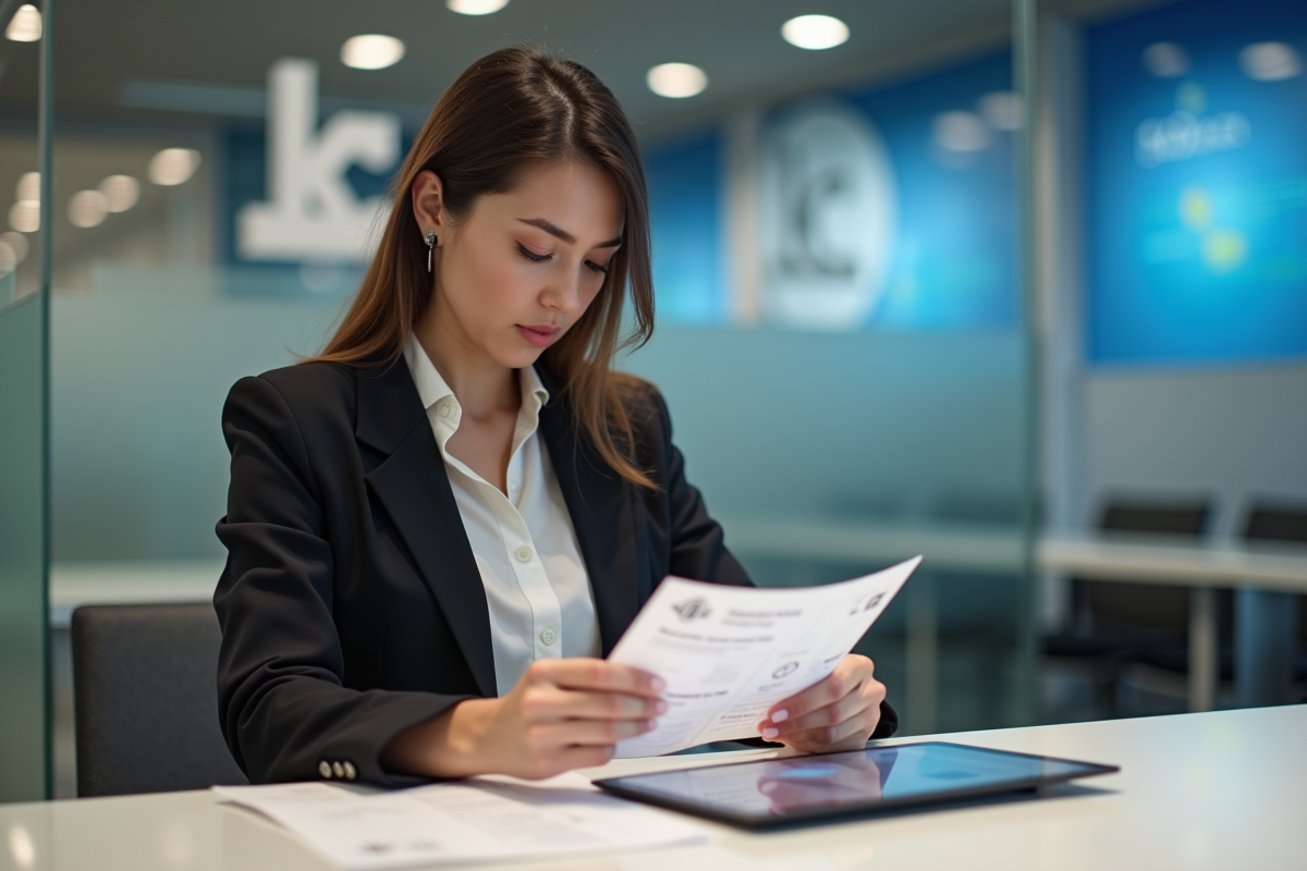 Femme examine reçus de transactions crypto dans une agence bancaire