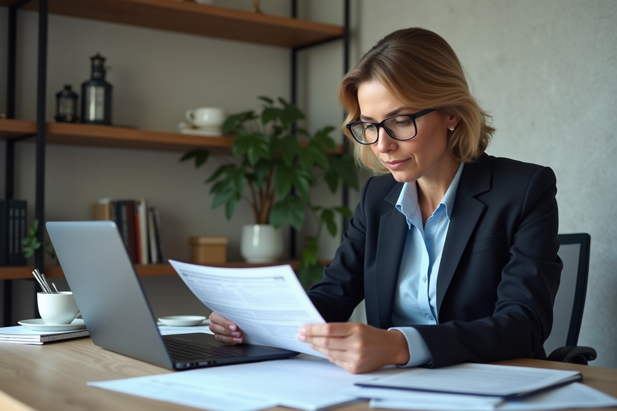 Femme d'affaires concentrée sur ses documents fiscaux