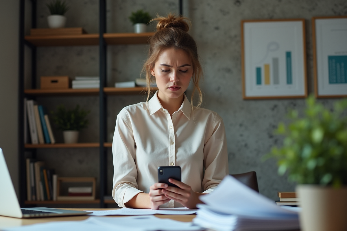 Jeune femme au bureau à domicile avec documents et téléphone