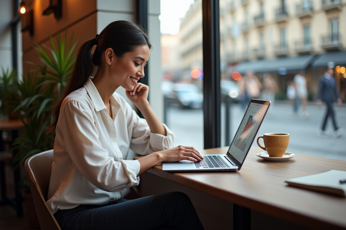 Jeune femme au café utilisant son ordinateur portable