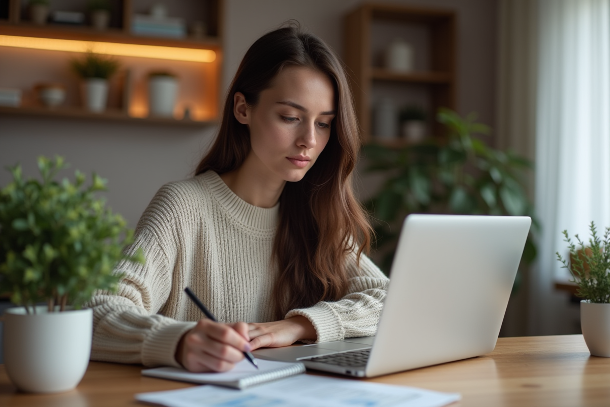 Jeune femme utilisant un ordinateur portable à la maison
