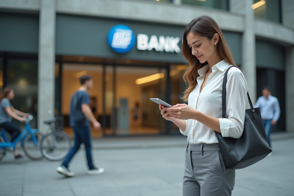 Jeune femme utilisant son smartphone devant une banque urbaine