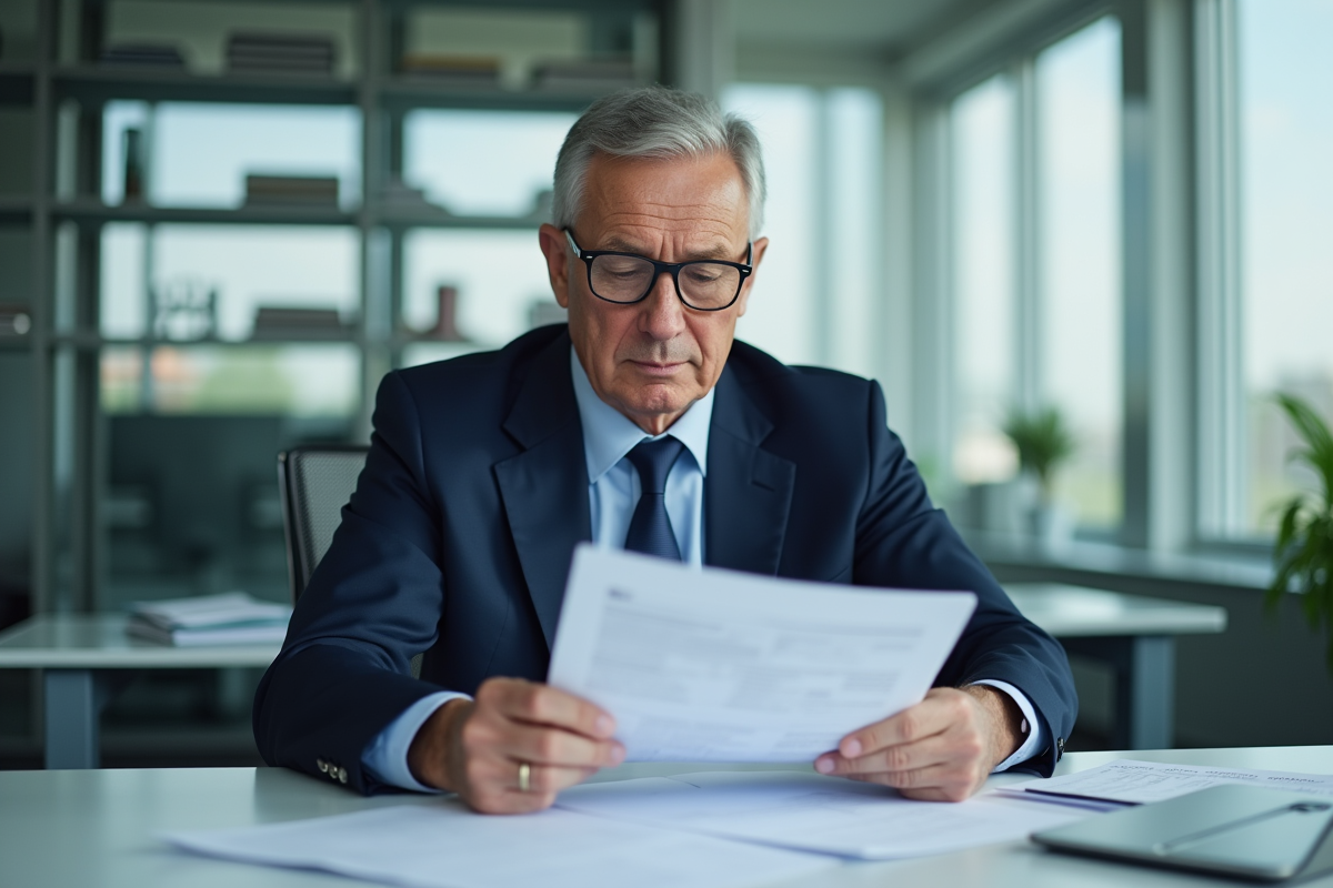 Homme civil servant examinant documents de pension dans un bureau moderne