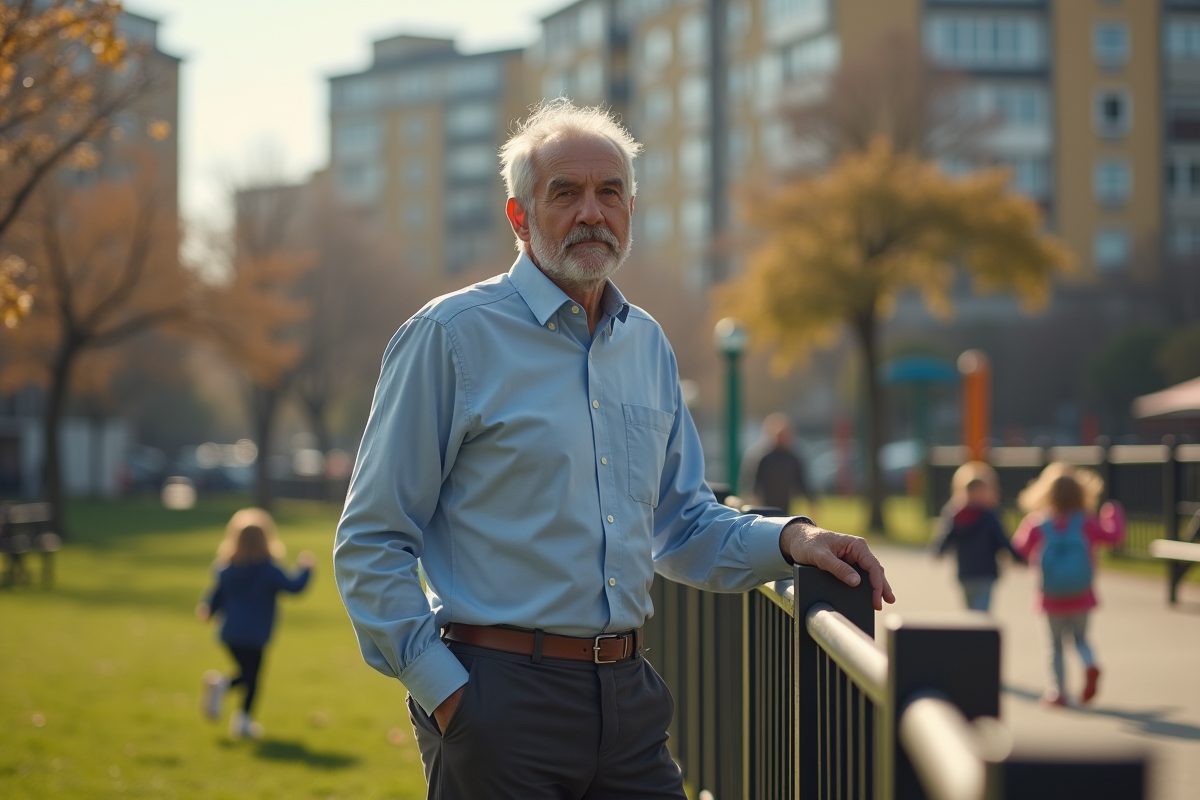 Grand-pere regardant sa petite fille jouer au parc