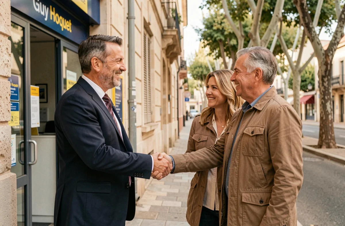 Conseiller Guy Hoquet Nîmes serrant la main de clients devant l'entrée de l'agence sur un boulevard nîmois bordé de platanes