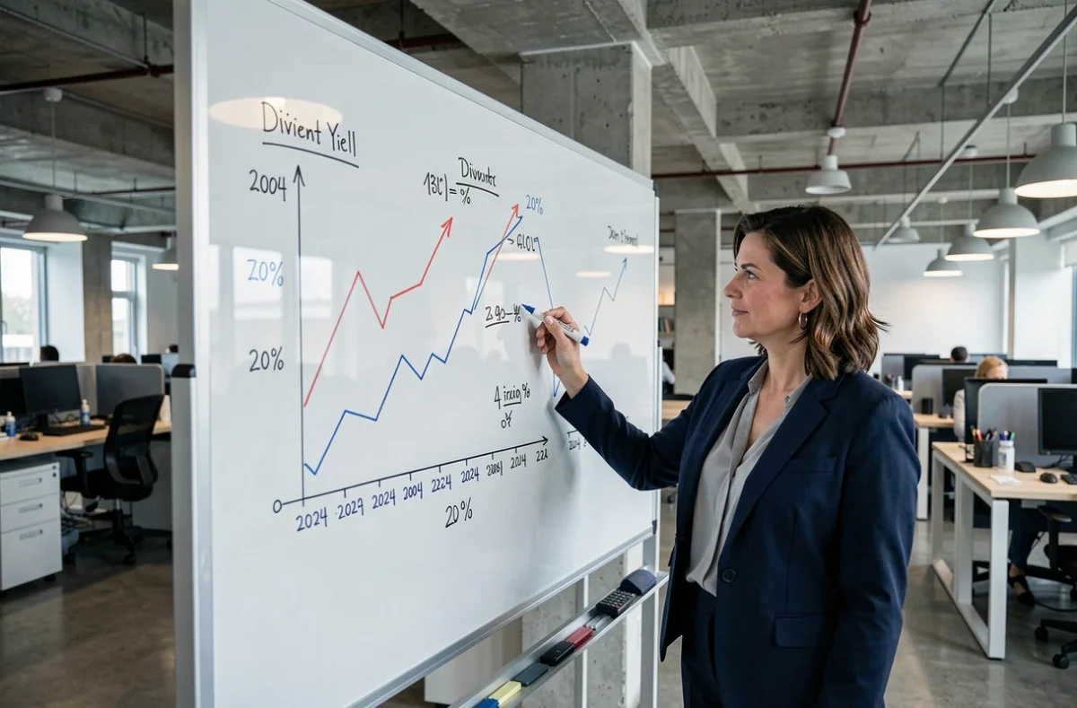 Analyste présentant l'historique des dividendes TotalEnergies sur un tableau de données sur 20 ans
