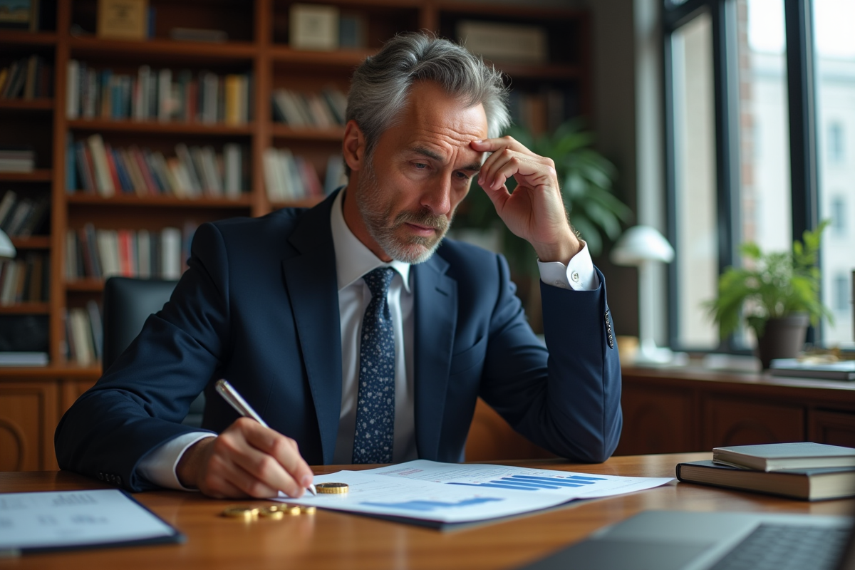Homme d'affaires en costume bleu étudiant des pièces d'or et graphique