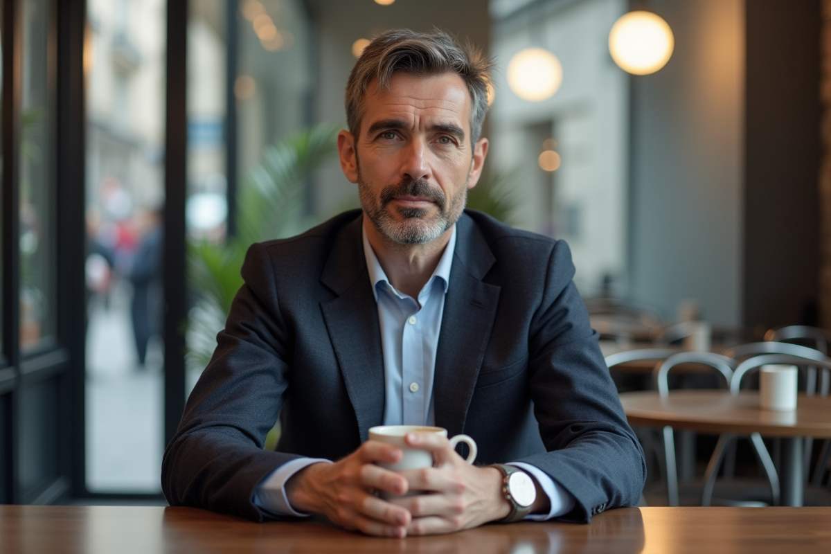 Homme d affaires français pensif dans un café moderne