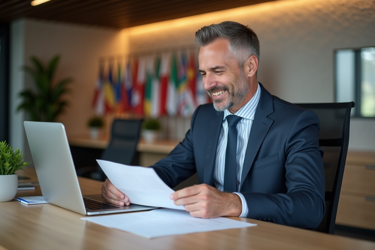 Homme d'affaires en costume dans une banque moderne