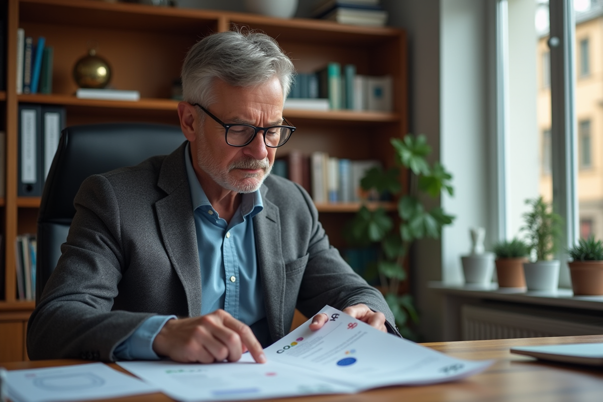 Homme d affaires en blazer examine un document officiel