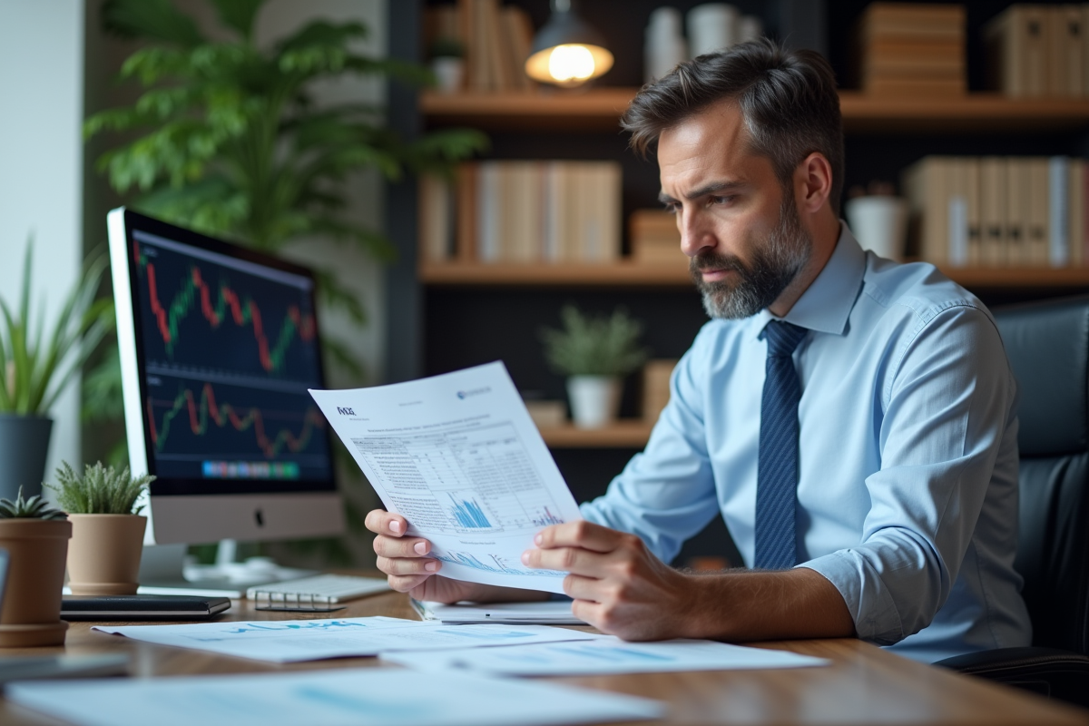 Homme d'affaires examinant des documents financiers