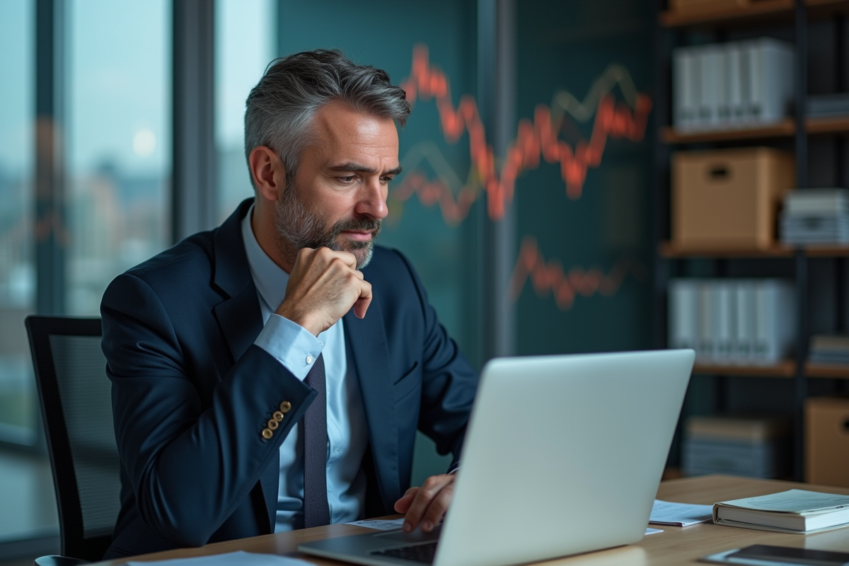 Homme d'affaires analysant des graphiques en bureau moderne