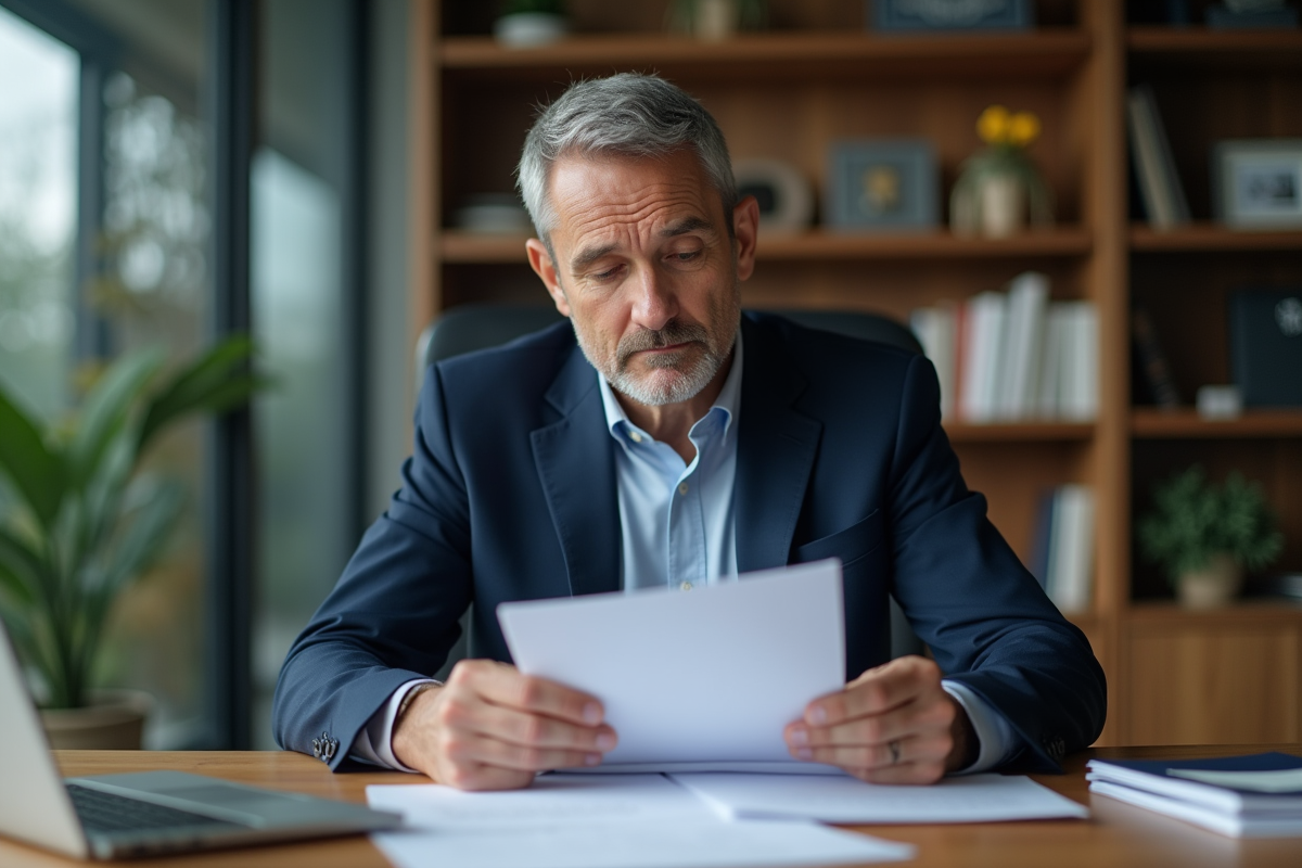 Homme d'affaires en costume bleu lisant des documents