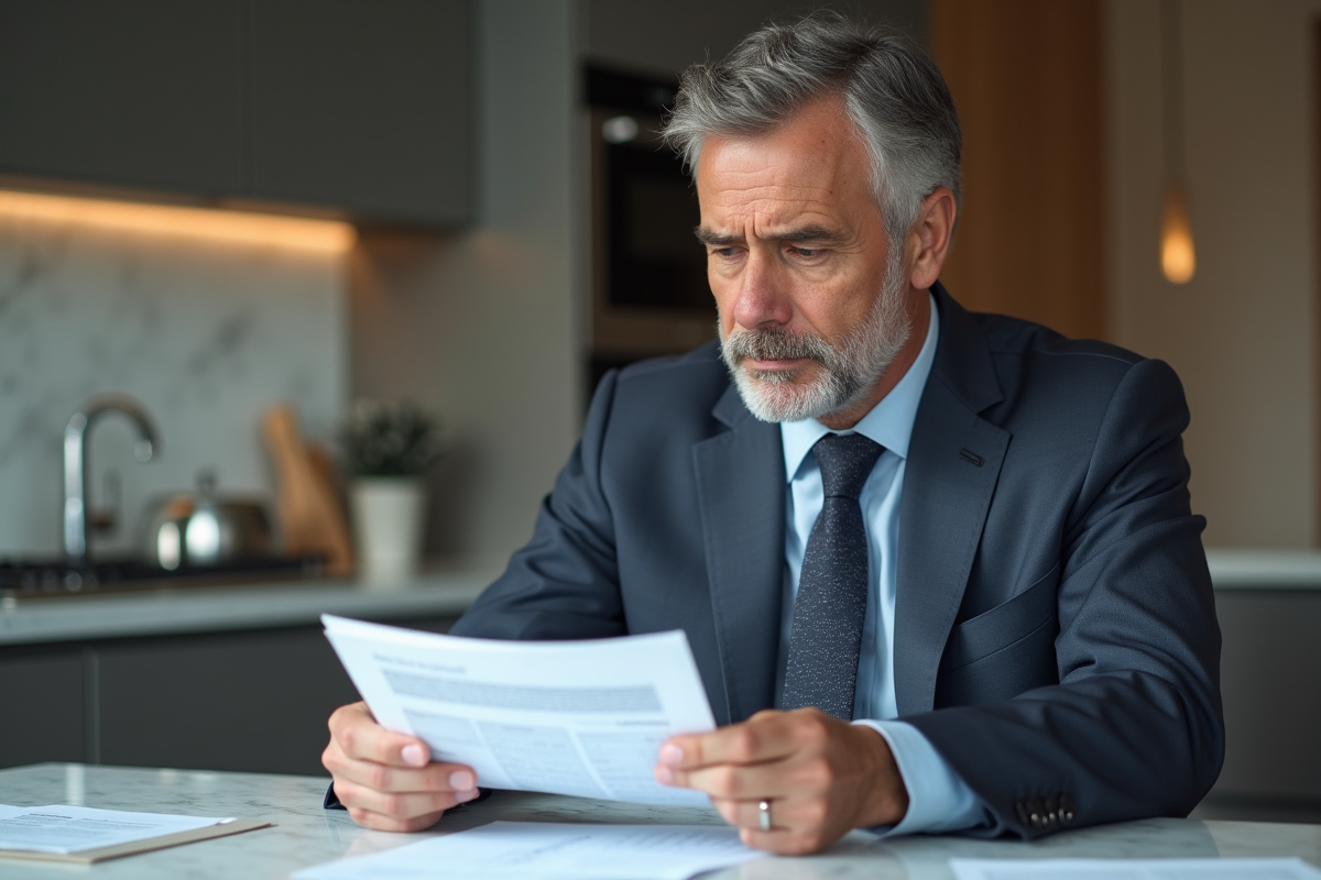 Homme d'affaires en costume examine des documents d'assurance à la maison