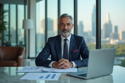 Portrait d'un homme d'affaires du Moyen-Orient en costume bleu marine dans un bureau exécutif moderne avec des documents financiers et une vue sur la skyline urbaine