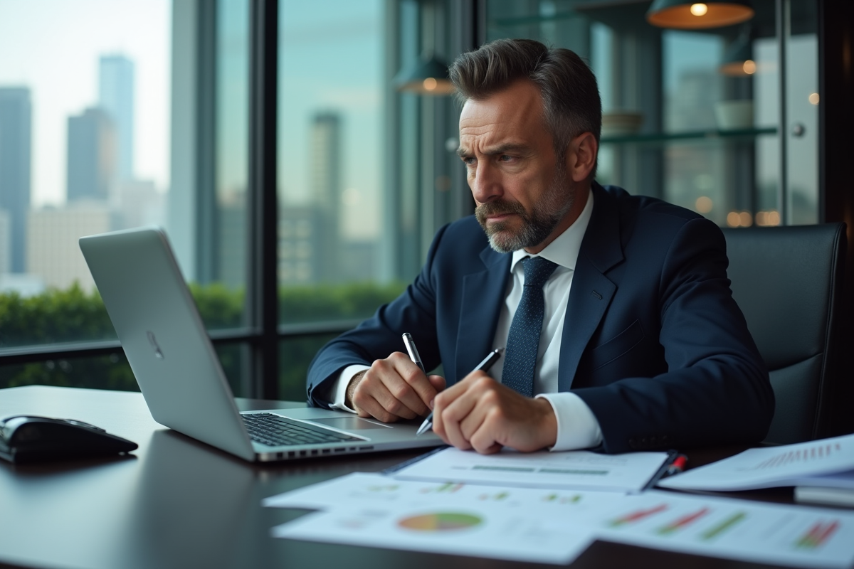 Homme d'affaires concentré devant son ordinateur en bureau moderne
