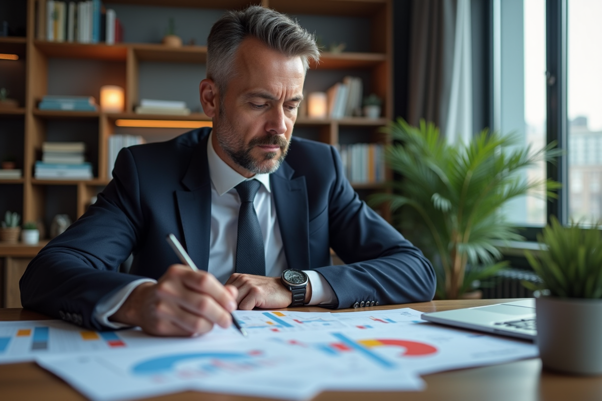 Homme d'affaires en costume étudiant des graphiques financiers