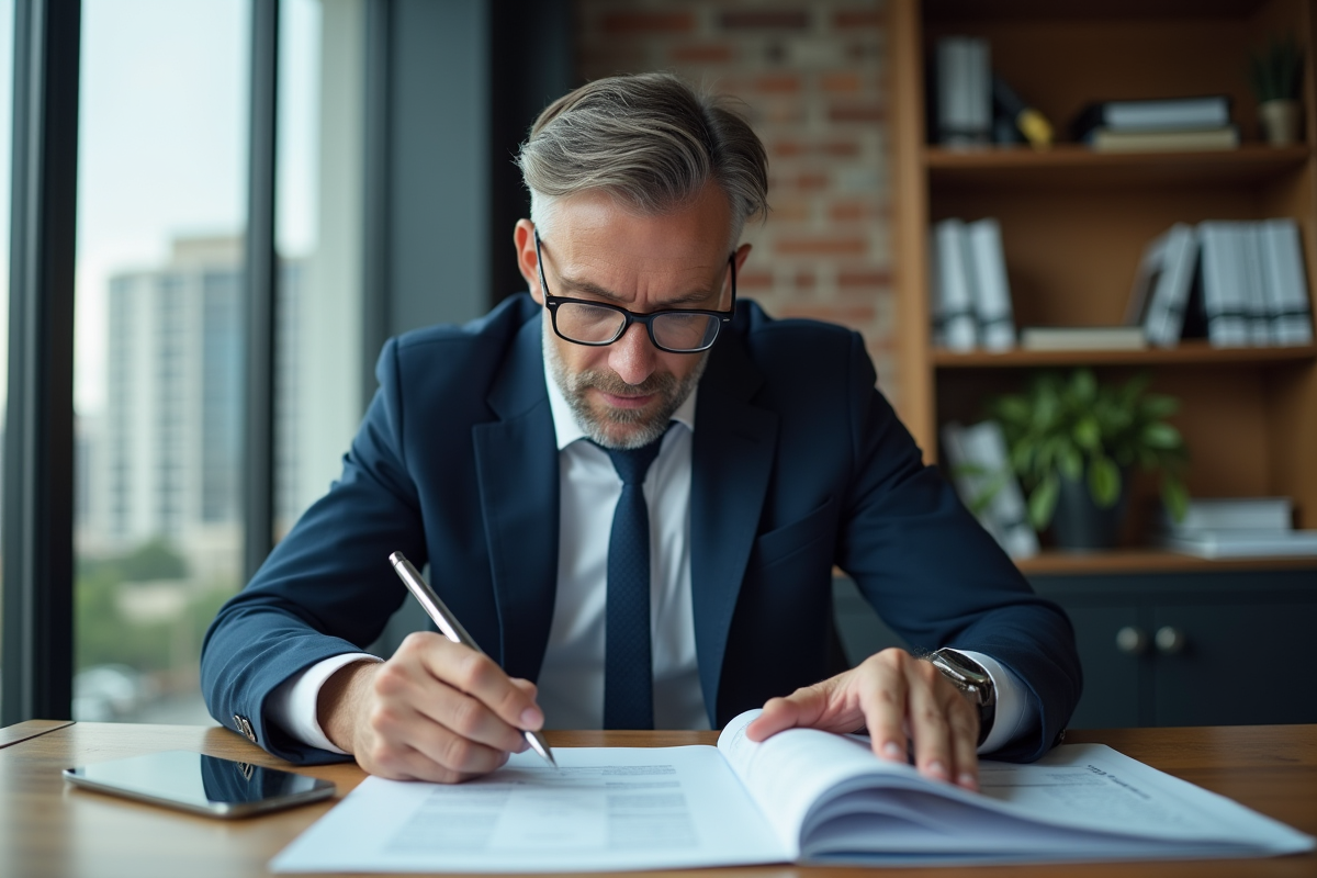 Homme d'affaires en costume regardant un rapport d'investissement