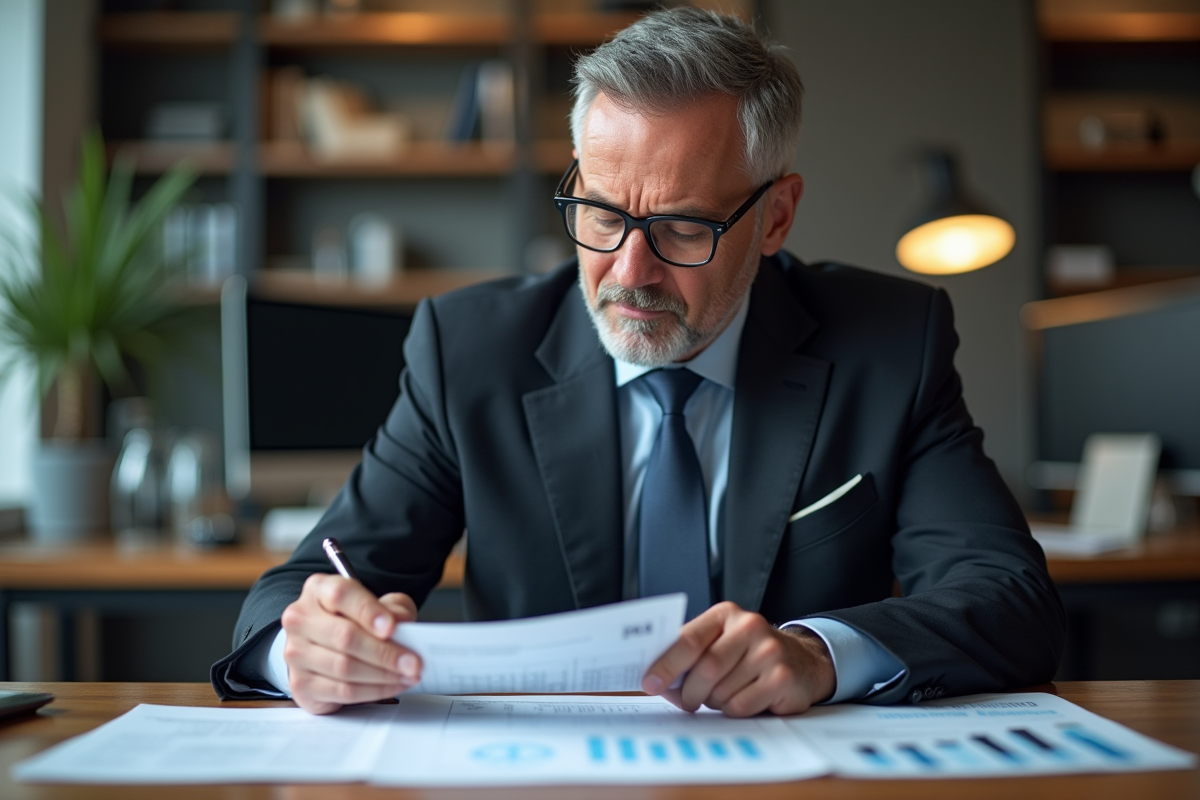 Homme d'affaires en costume relisant des documents d'assurance