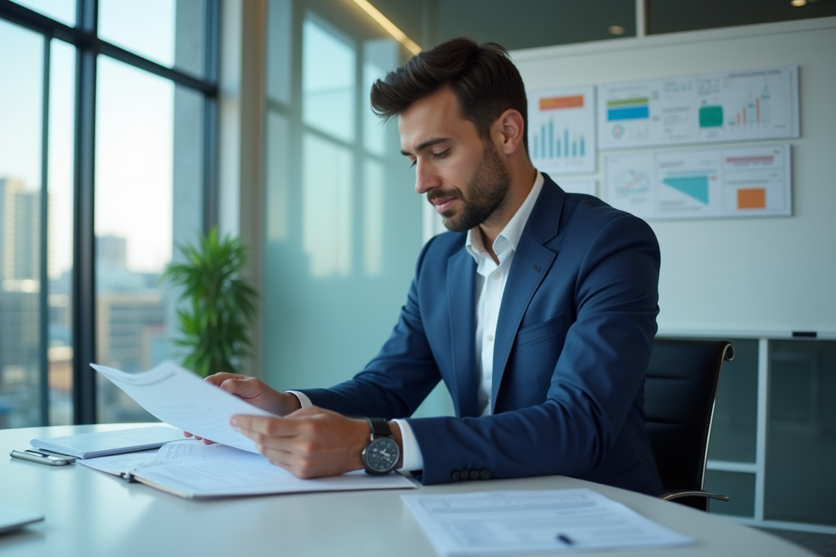 Homme d'affaires en costume bleu dans un bureau moderne
