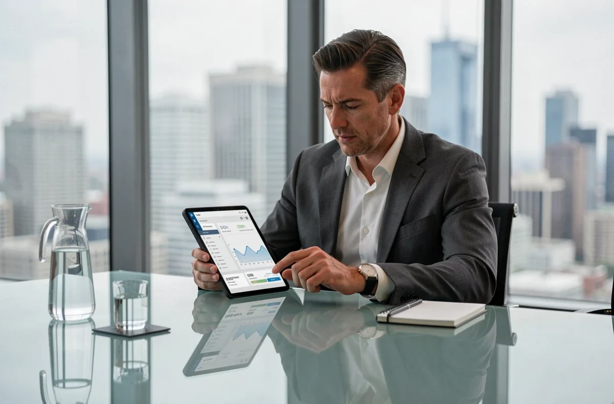 Homme d'affaires consultant un tableau de bord de banque privée BNP Paribas sur tablette dans un bureau avec vue sur la ville