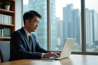 Homme d'affaires japonais travaillant dans un bureau moderne à Tokyo
