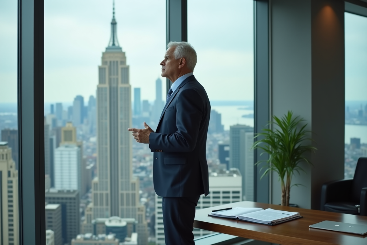 Homme d'affaires contemplant la ville depuis un bureau moderne