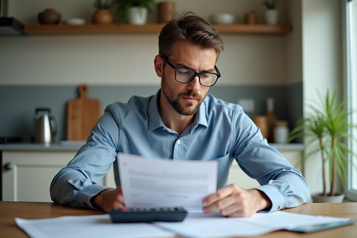 Homme concentré analysant des documents bancaires à la maison