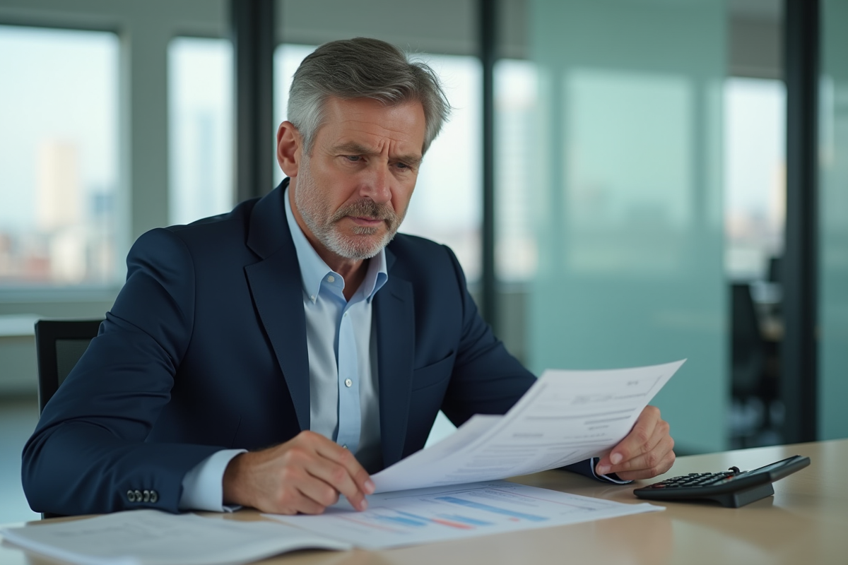 Homme d'âge moyen en costume bleu analysant des documents de prêt