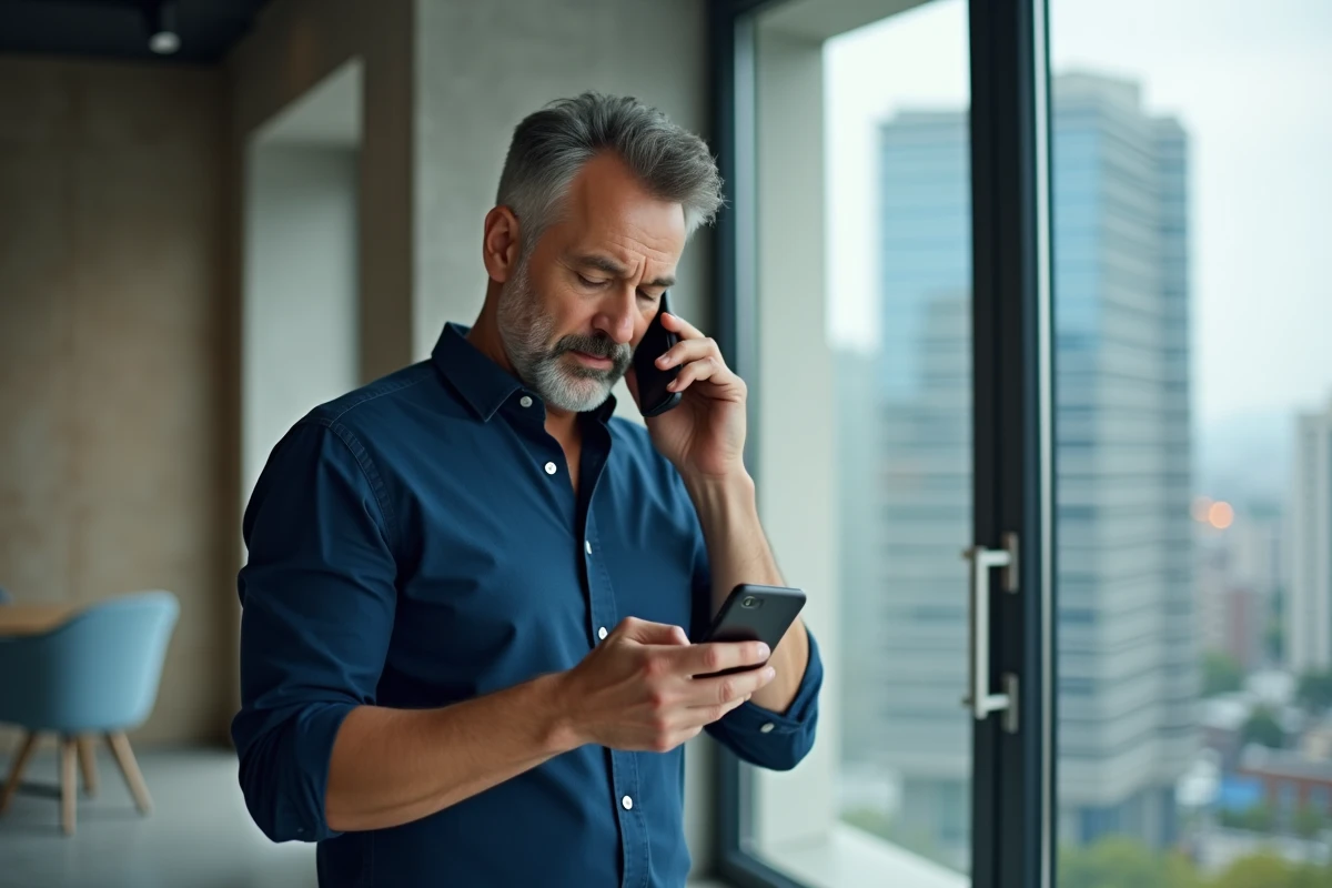 Homme en appel avec le service client de La Banque Postale tout en consultant son espace client sur smartphone dans un appartement urbain