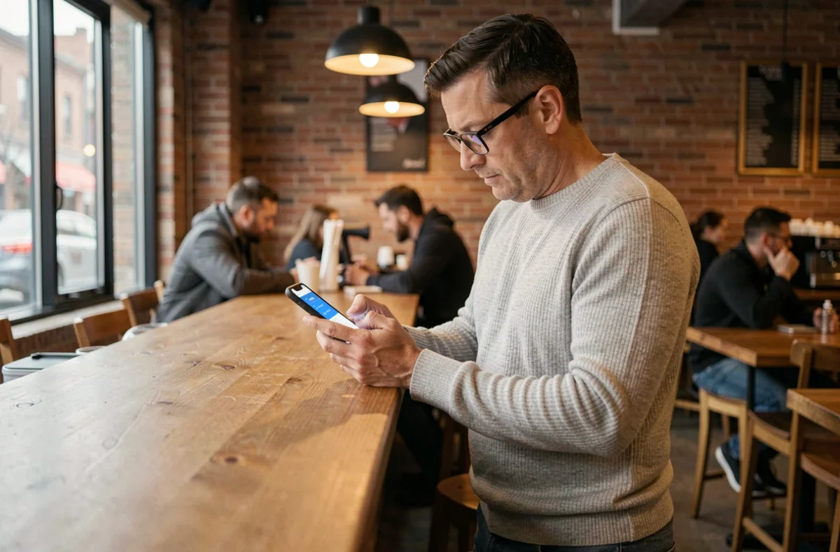 Homme vérifiant ses opérations bancaires courantes sur l'application mobile Banque Populaire dans un café urbain