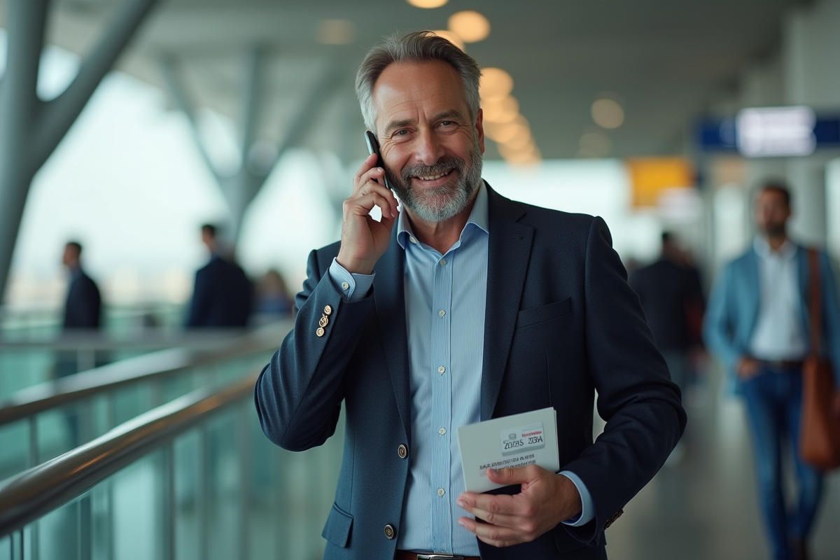 Homme dans un aéroport tenant son itinéraire