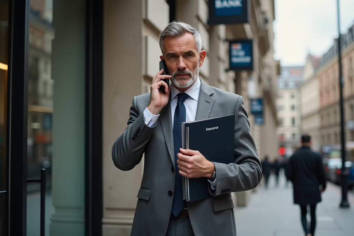 Homme d affaires parlant au téléphone devant banque