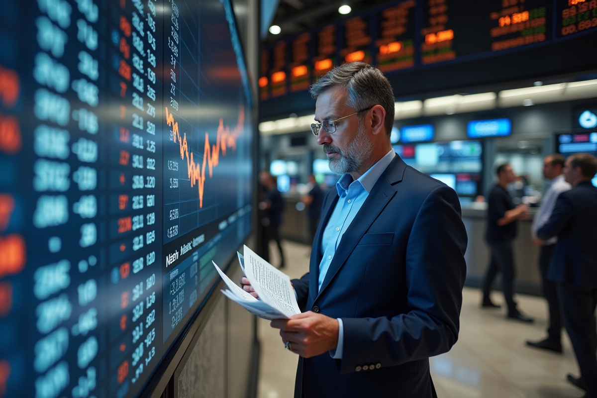 Homme d âge moyen analysant rapports Tesla en bourse