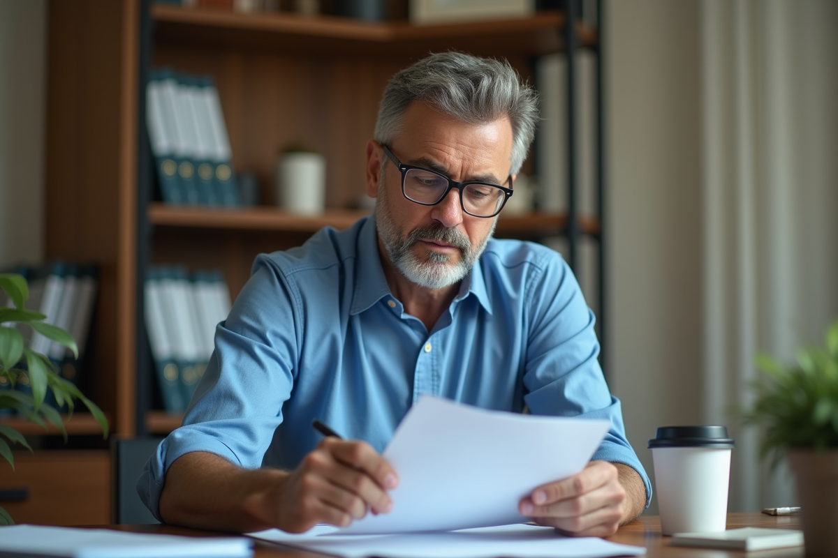 Homme d'âge moyen en chemise bleue examine un document