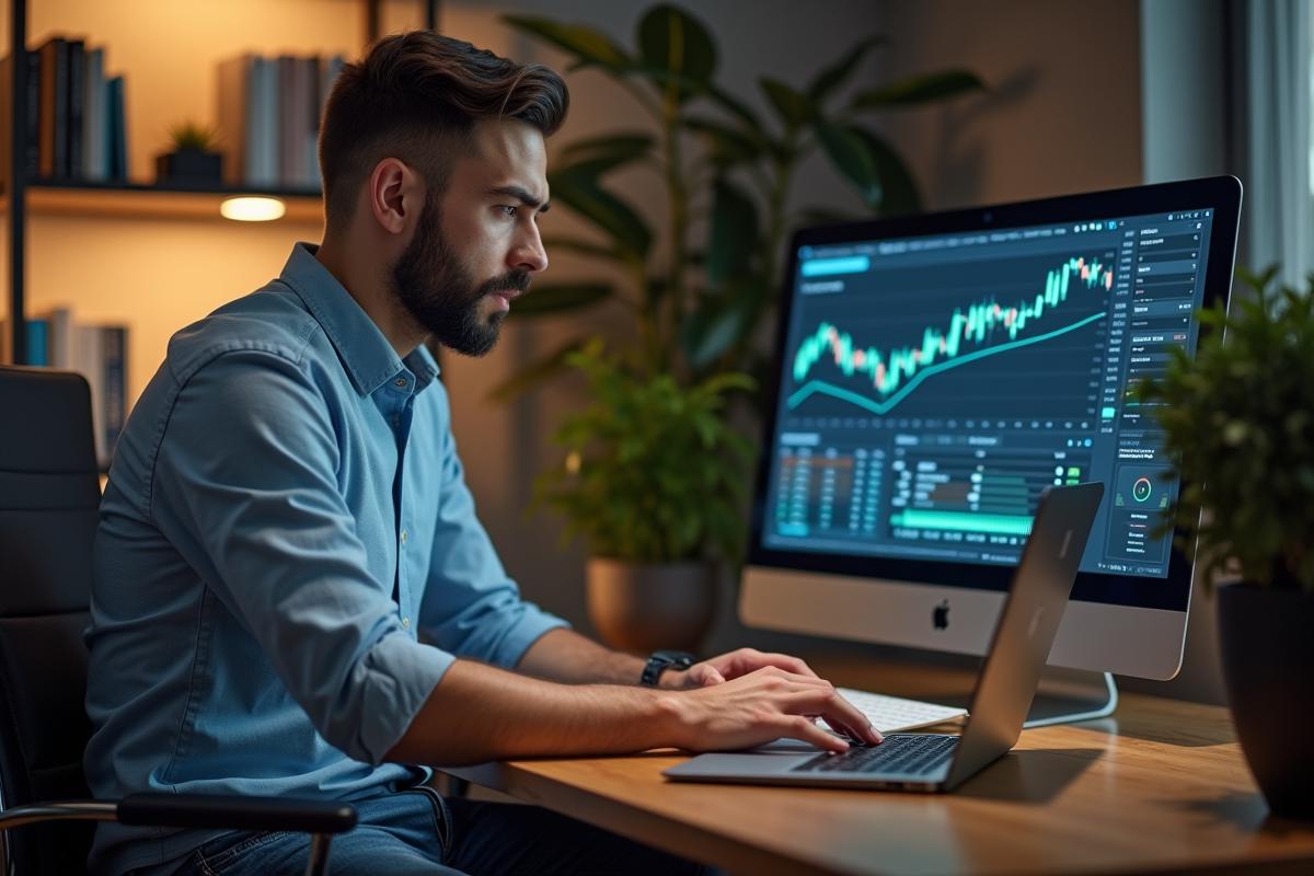 Homme en tenue casual analysant des graphiques blockchain