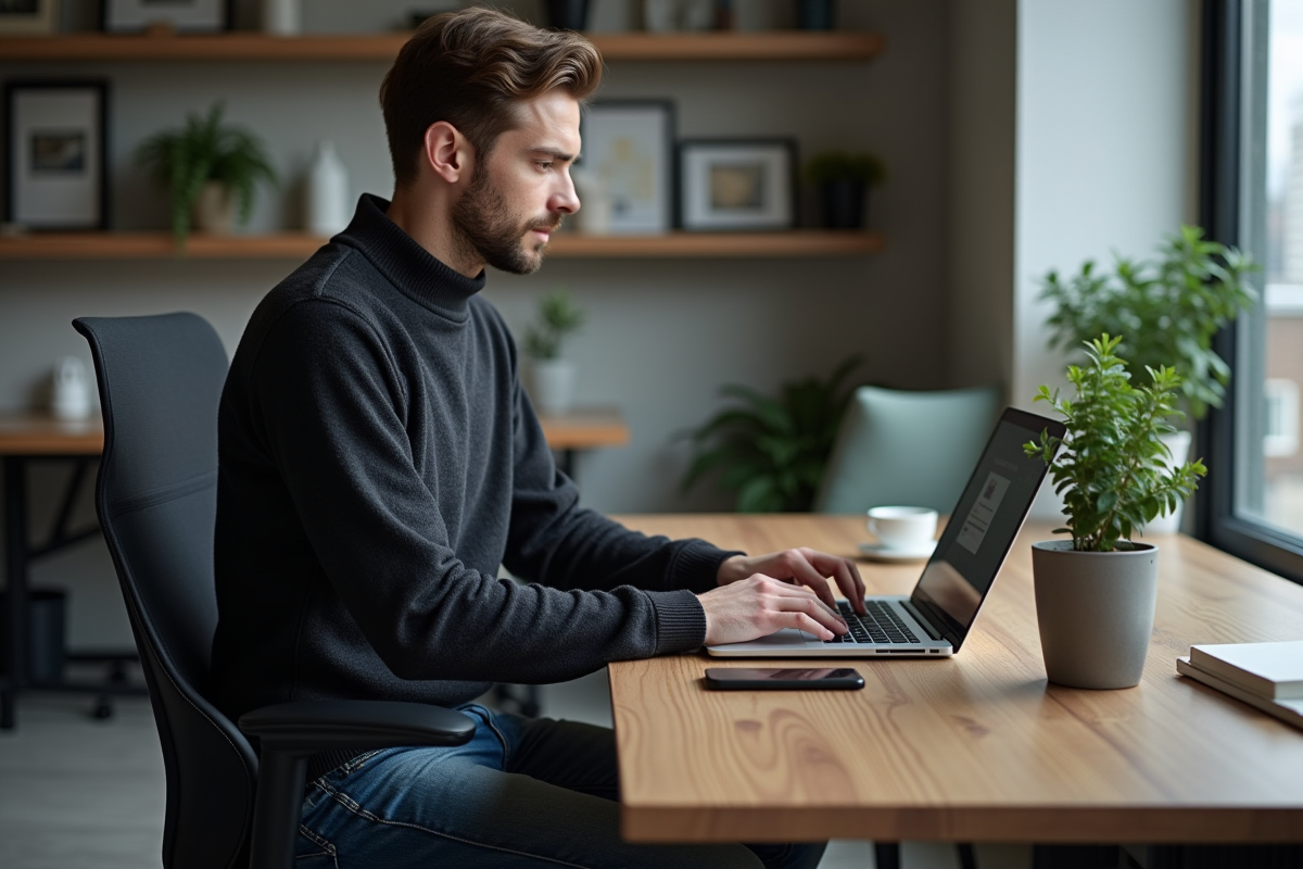 Homme concentré sur son ordinateur avec portefeuille digital euro