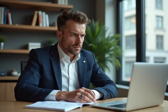 Homme d'affaires en bureau avec ordinateur et livres de finance