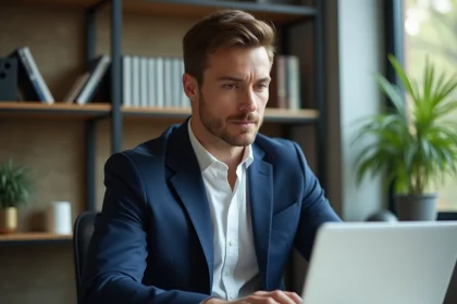 Homme d'&acirc;ge moyen travaillant sur un ordinateur dans un bureau moderne