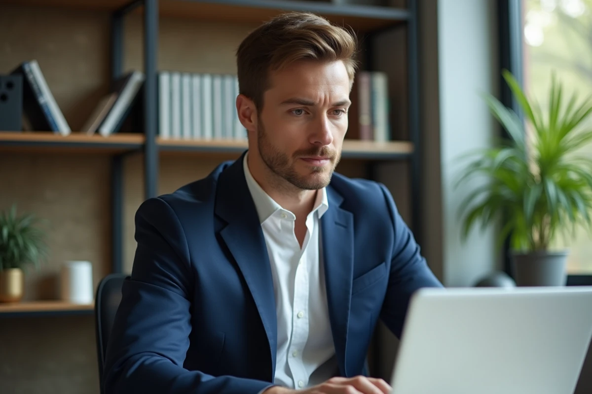 Homme d'âge moyen travaillant sur un ordinateur dans un bureau moderne