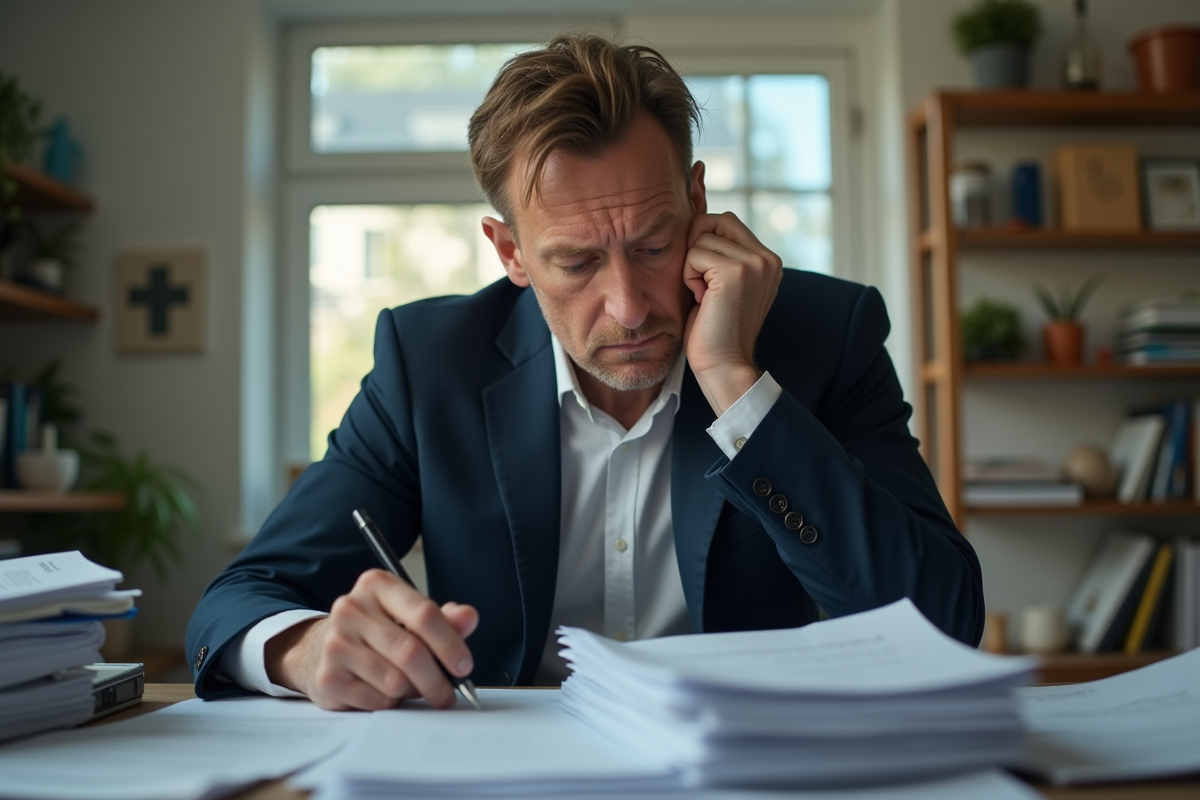 Homme d'âge moyen dans un bureau modeste en réflexion