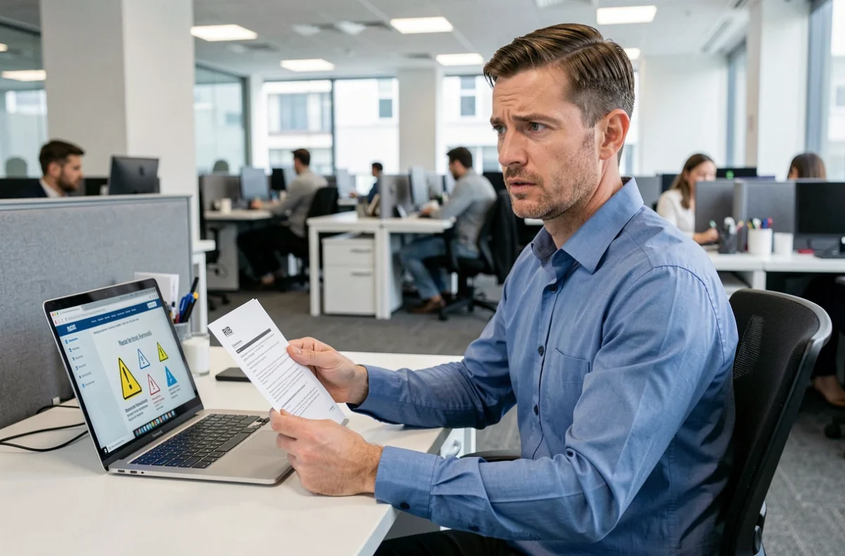 Homme en bureau consultant un document RIB face à un avertissement sur un site bancaire douteux