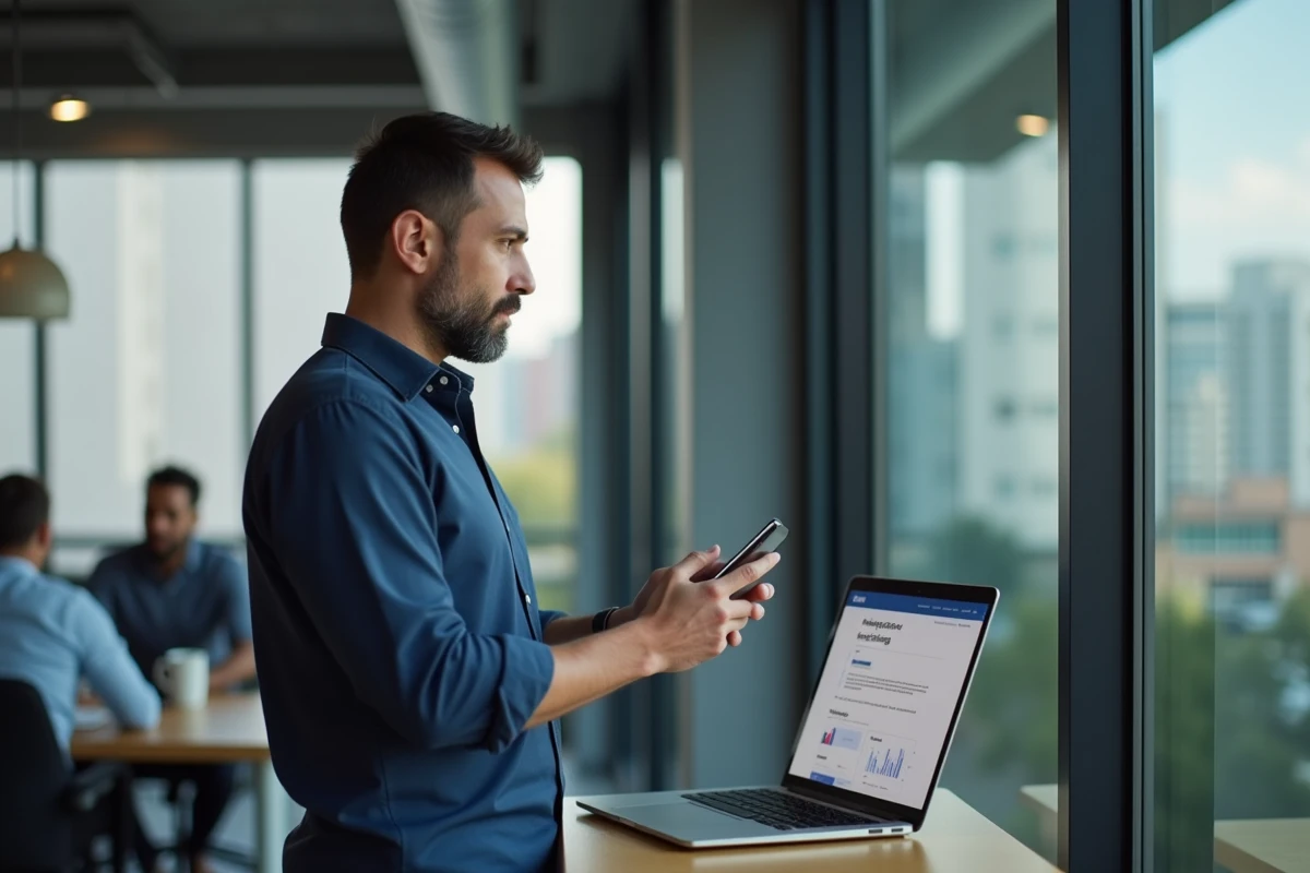 Homme utilisant son téléphone pour suivre un remboursement santé ECA Assurance depuis son bureau