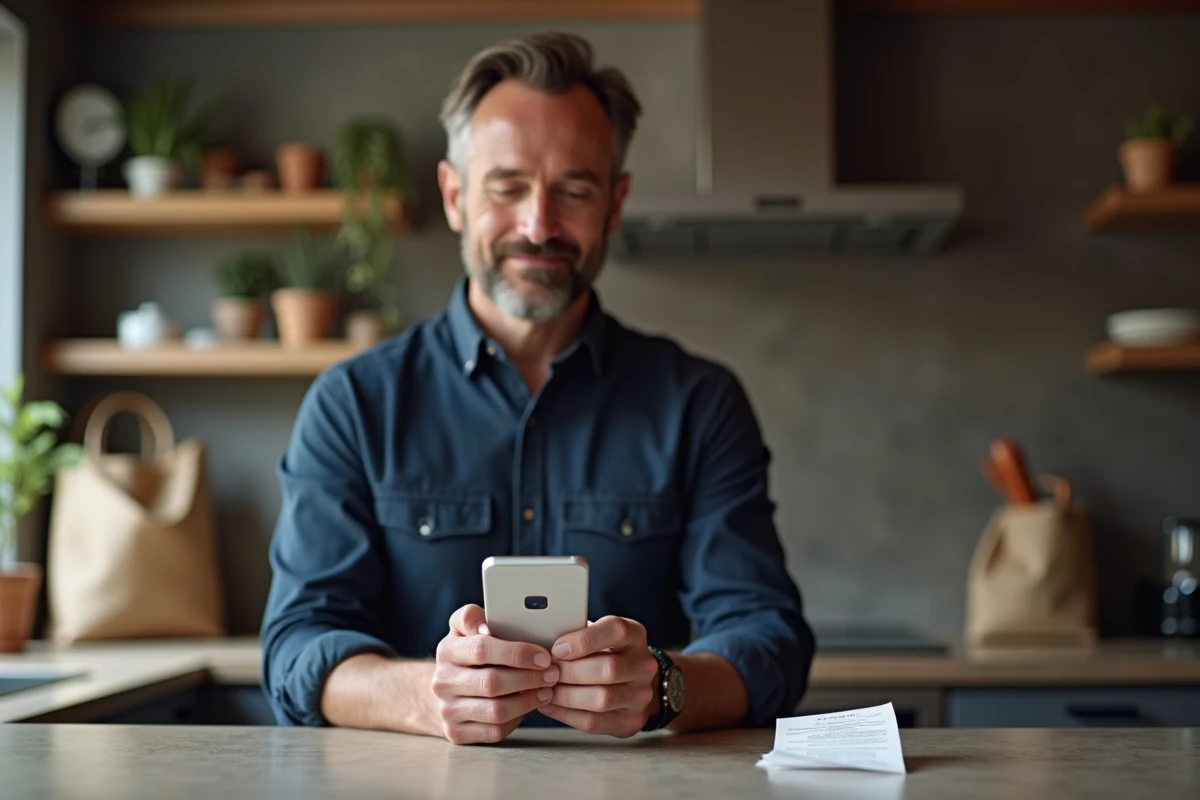 Homme accédant à sa carte de fidélité Carrefour sur smartphone pour consulter ses factures