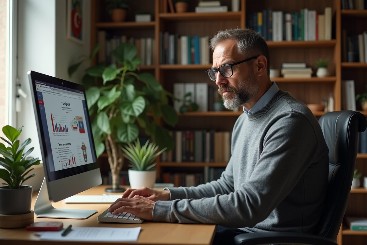 Homme utilisant un ordinateur pour contacter AVIVASIGORTA.COM.TR depuis son domicile en France