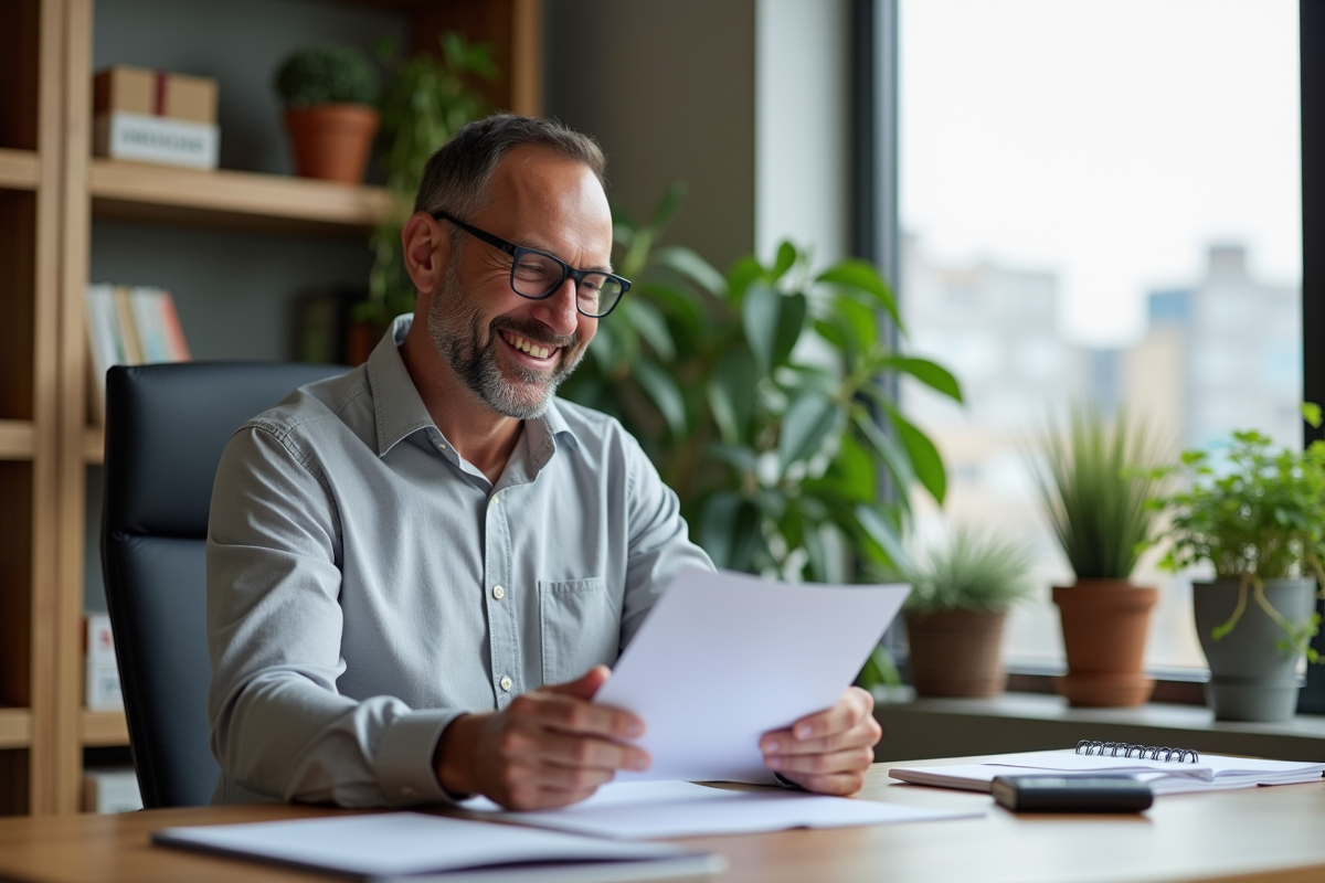 Homme d'âge moyen examinant des documents d'assurance voiture dans un bureau moderne